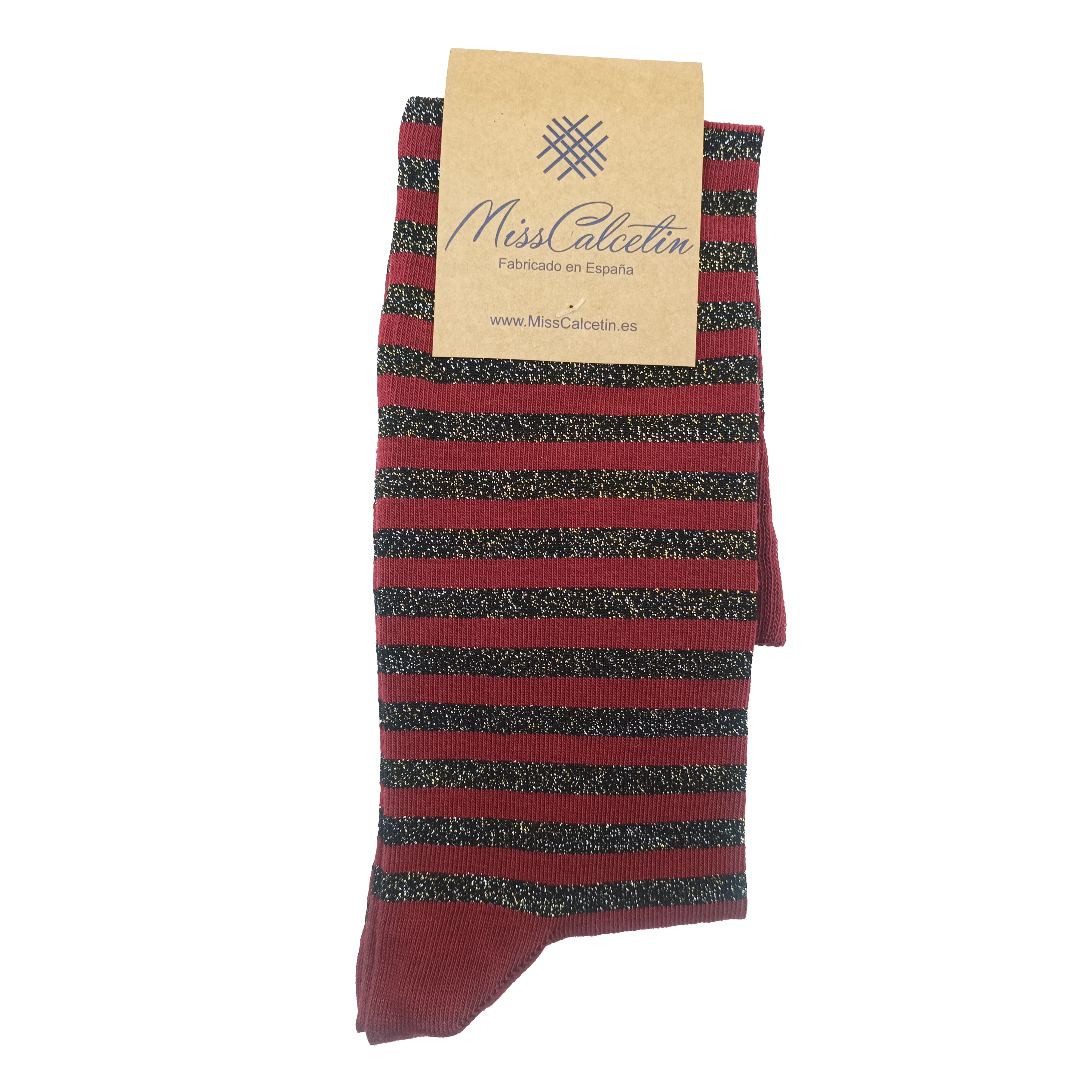 High-waisted, shiny, fine-striped, black and burgundy.